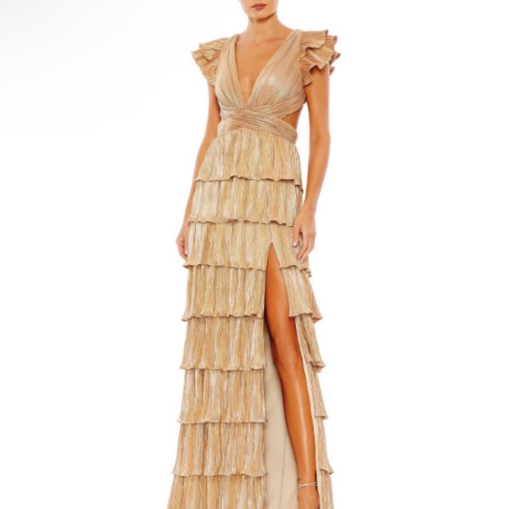 Mac Duggal 26740 Gold Ruffle Tiered Corset Back Lace Up Gown Maxi Dress Size 12 - Picture 6 of 8
